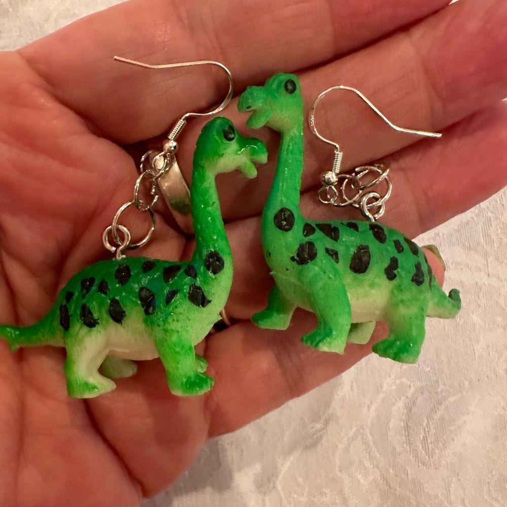 Earrings Pierced Dinosaur Silver Dangly Exaggerated Handmade Costume Jewelry